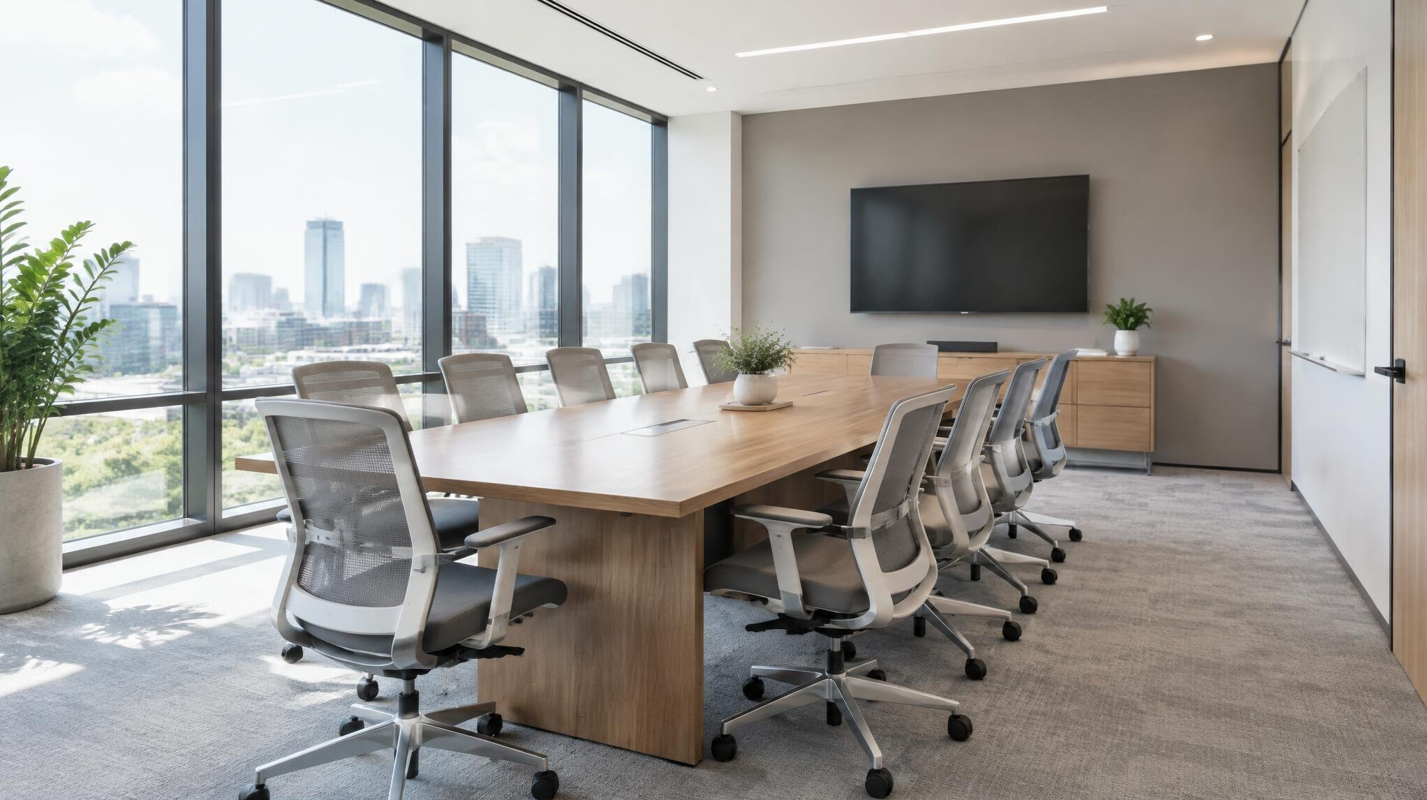 Bright corporate meeting room with table and chairs